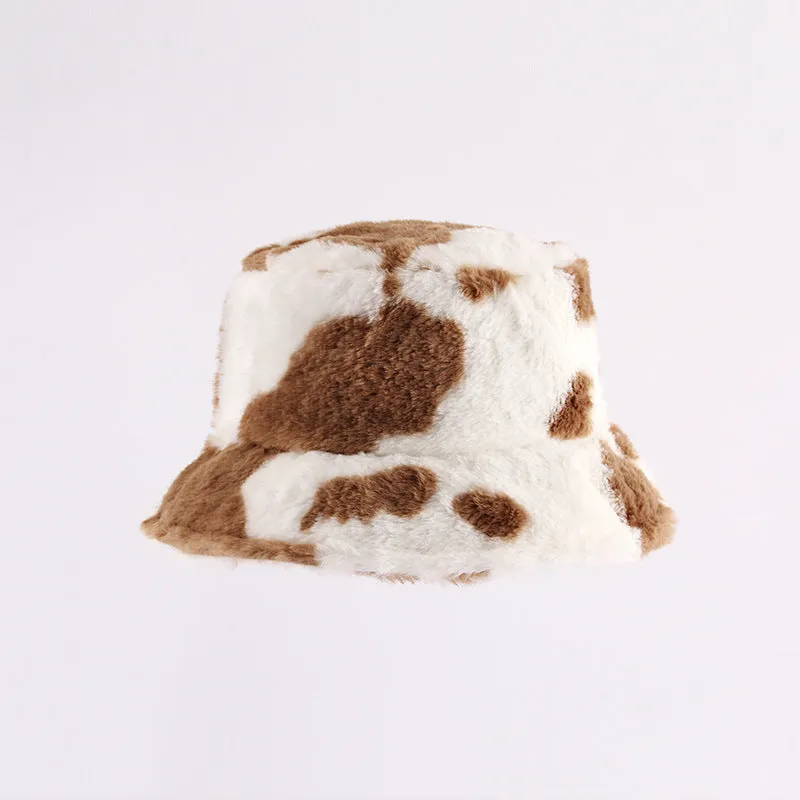 Leopard Fur Hat Cow Bucket Hat Women's Autumn and Winter Warm