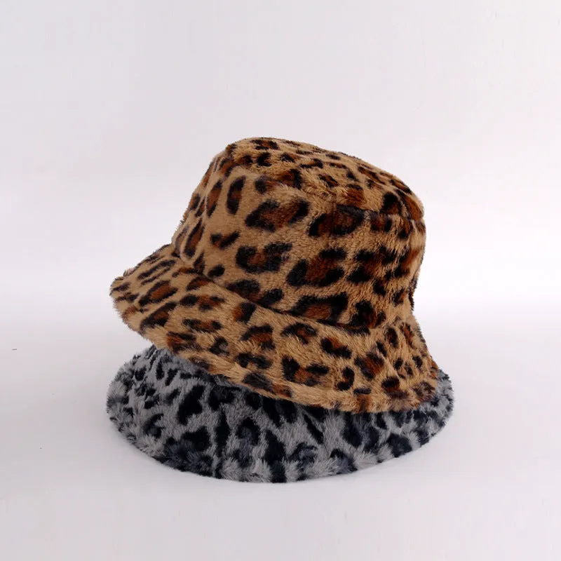 Leopard Fur Hat Cow Bucket Hat Women's Autumn and Winter Warm
