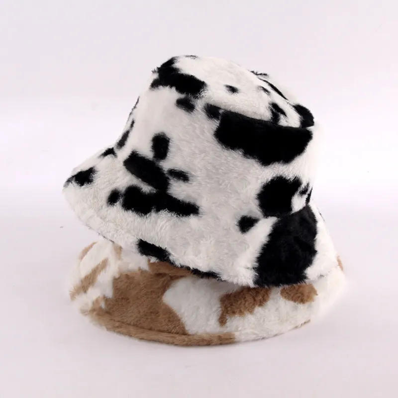 Leopard Fur Hat Cow Bucket Hat Women's Autumn and Winter Warm