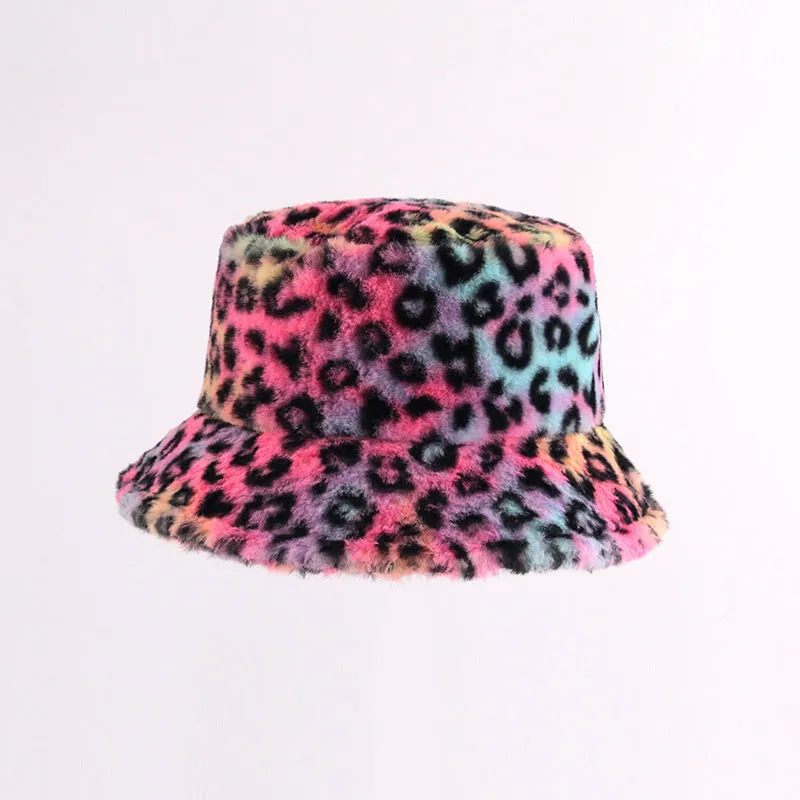 Leopard Fur Hat Cow Bucket Hat Women's Autumn and Winter Warm