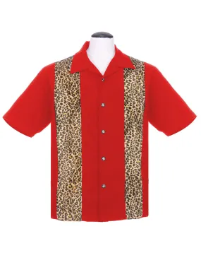 Leopard Panel Bowling Shirt in Red