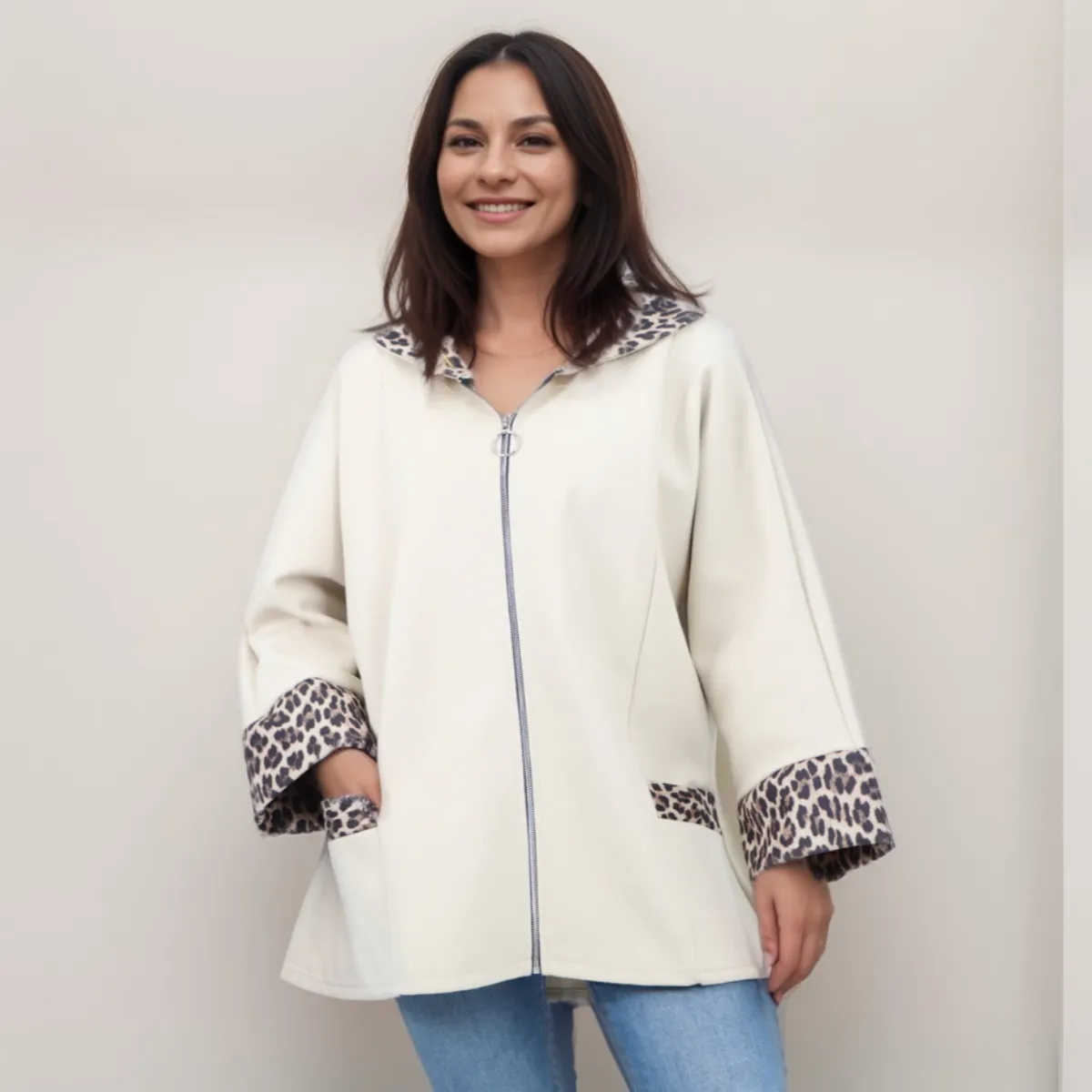 LEOPARD PANEL ZIP UP COAT WITH POCKETS
