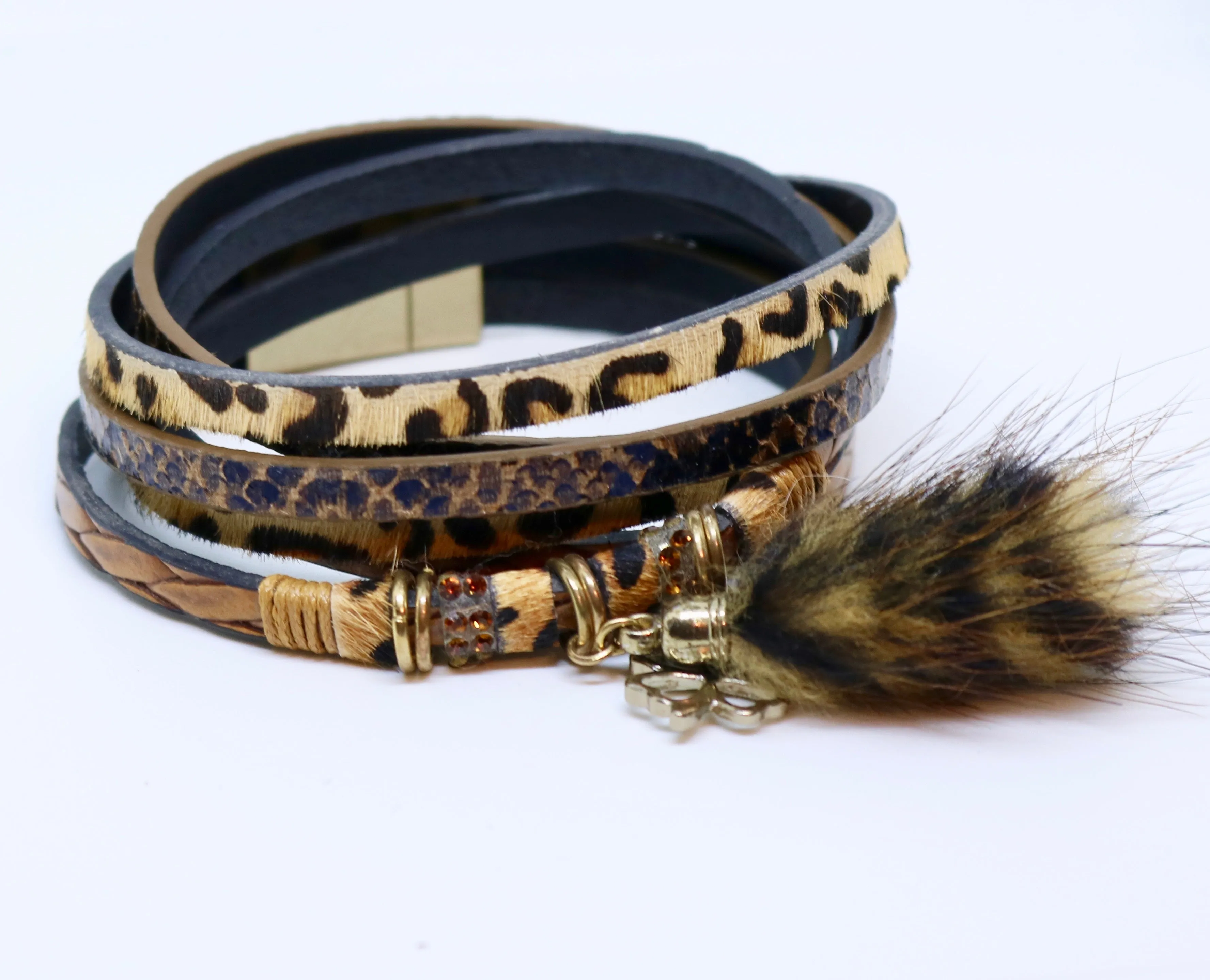 Leopard Print & Lucky Charm Double Wrap Bracelet in Caramels With Real Fur Tassel by Feathers Of Italy