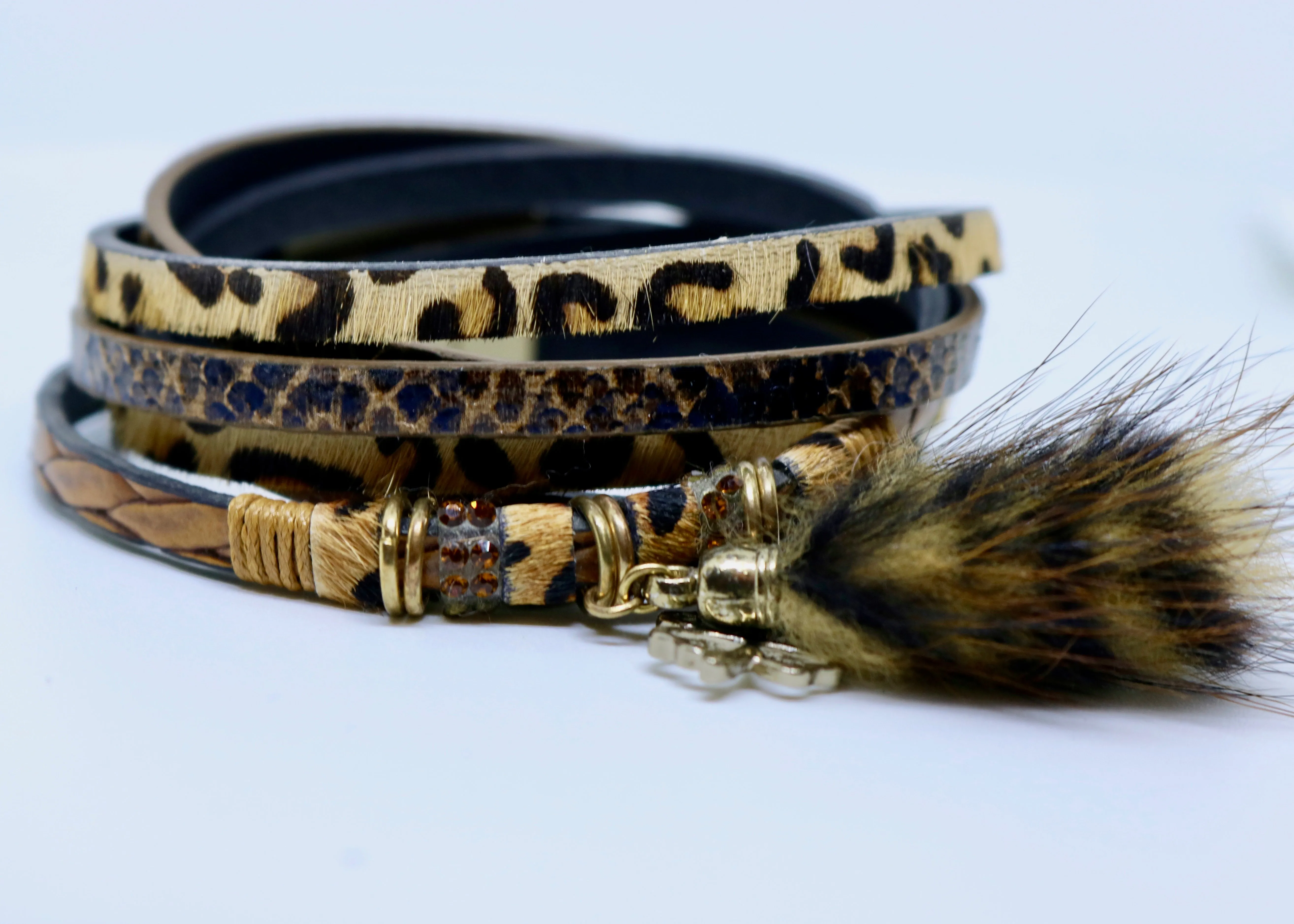 Leopard Print & Lucky Charm Double Wrap Bracelet in Caramels With Real Fur Tassel by Feathers Of Italy