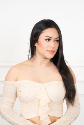 Lola - Beige Diamond-Studded Ruched Top