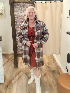 Long Plaid Shacket - Rust and Blue