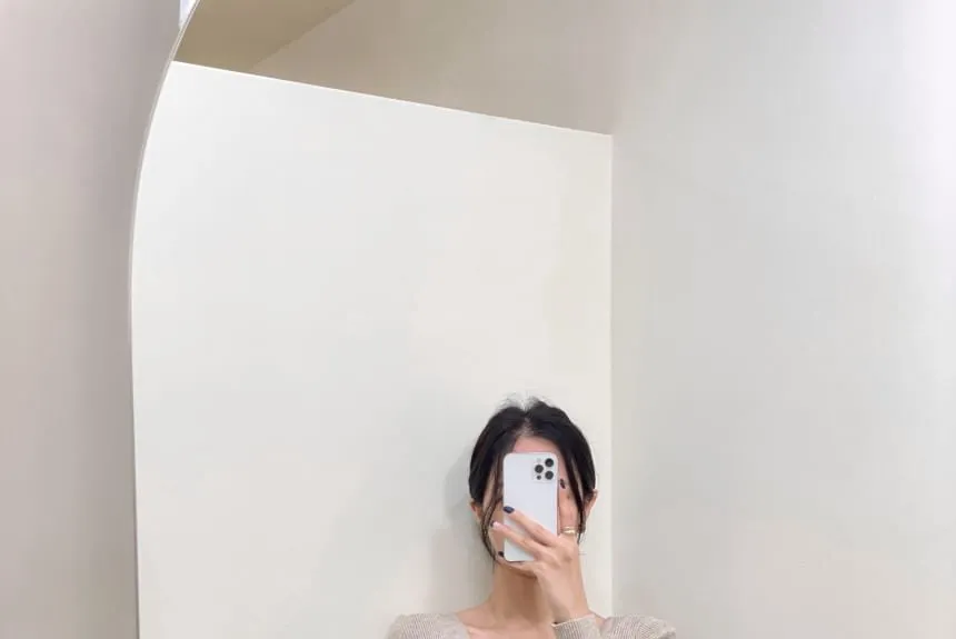 Long-Sleeve Asymmetrical Neckline Button-Up Knit Top