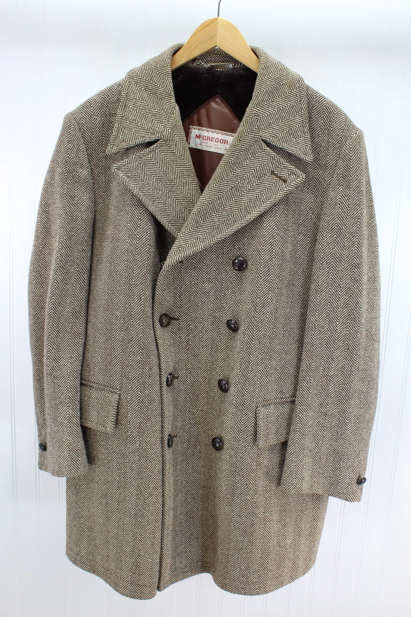 McGregor Wool Car Coat Double Breasted Brown Herringbone 1970's Size 46