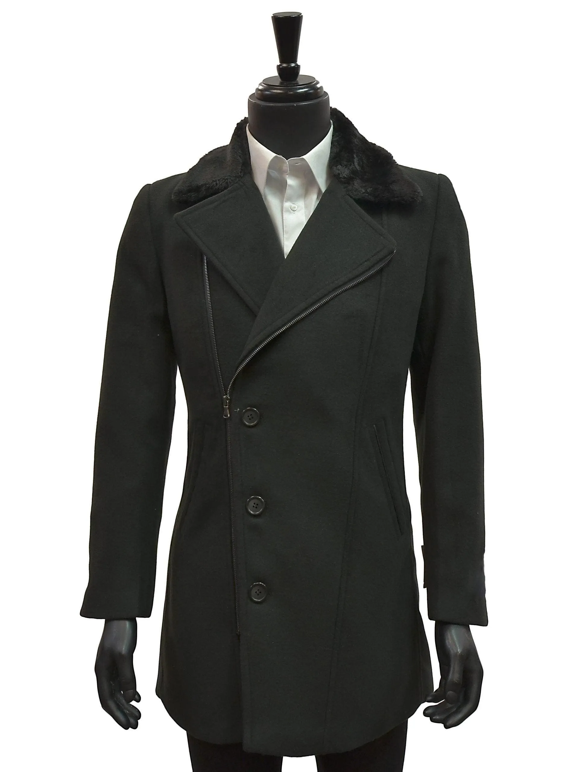 Men Blu Martini Black Faux Fur Collar Angular Zip Wool Blend Slim Fit Peacoat Jacket