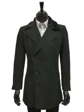 Men Blu Martini Black Faux Fur Collar Angular Zip Wool Blend Slim Fit Peacoat Jacket