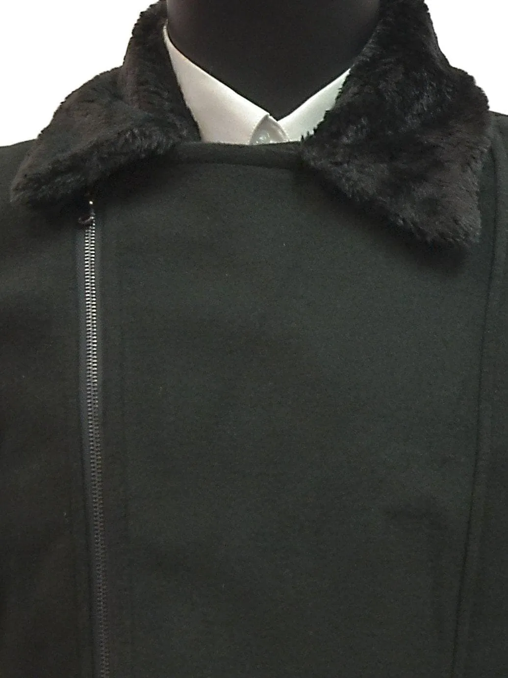 Men Blu Martini Black Faux Fur Collar Angular Zip Wool Blend Slim Fit Peacoat Jacket