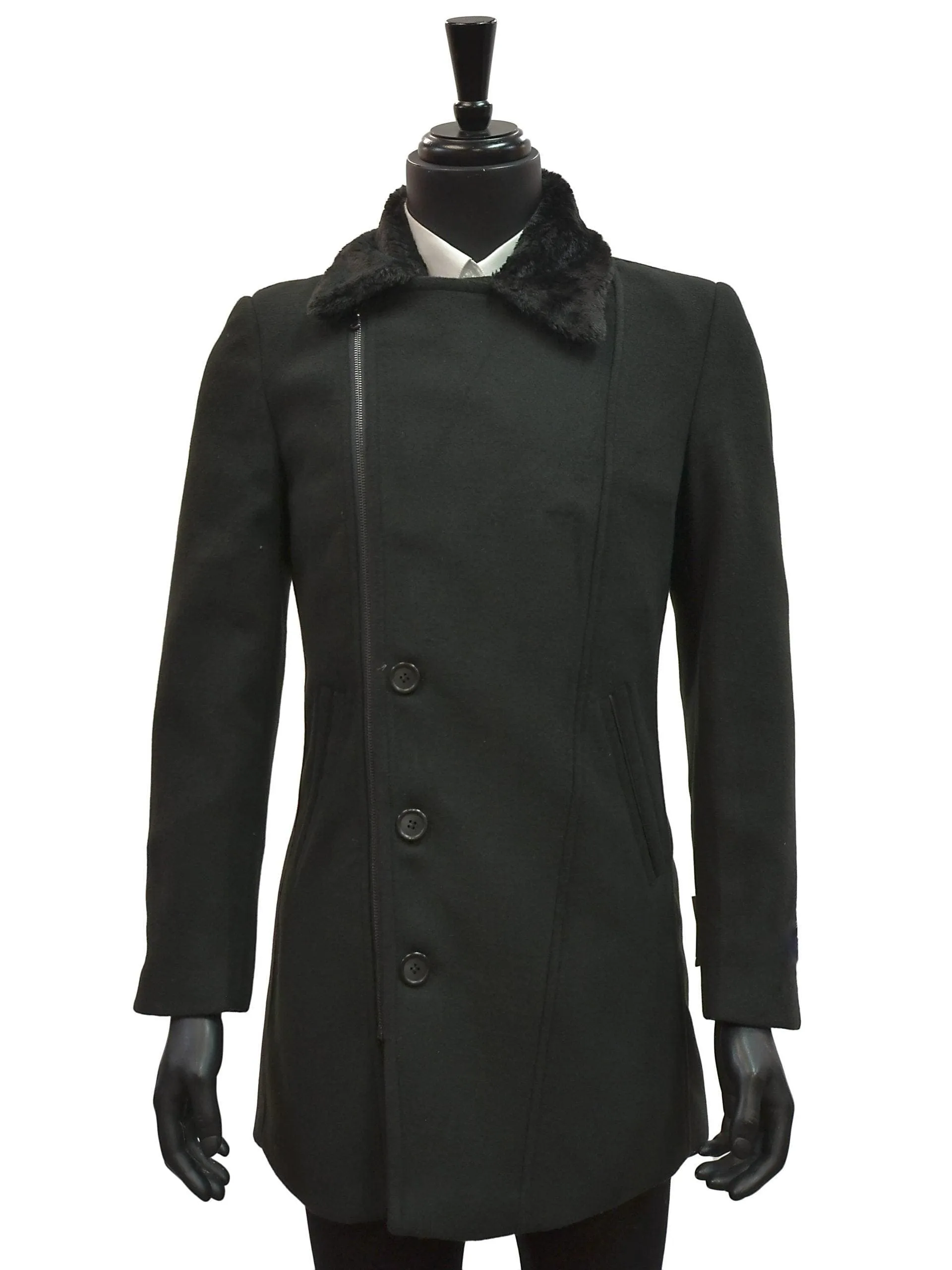 Men Blu Martini Black Faux Fur Collar Angular Zip Wool Blend Slim Fit Peacoat Jacket