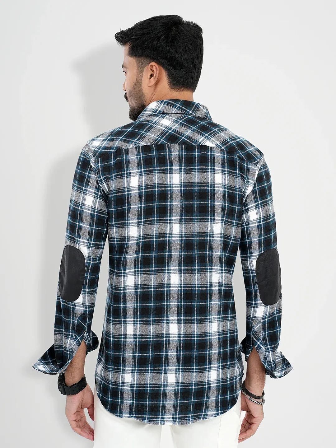 Men's Casual Full Sleeve Flannel Shirt in Decorative Leather Design