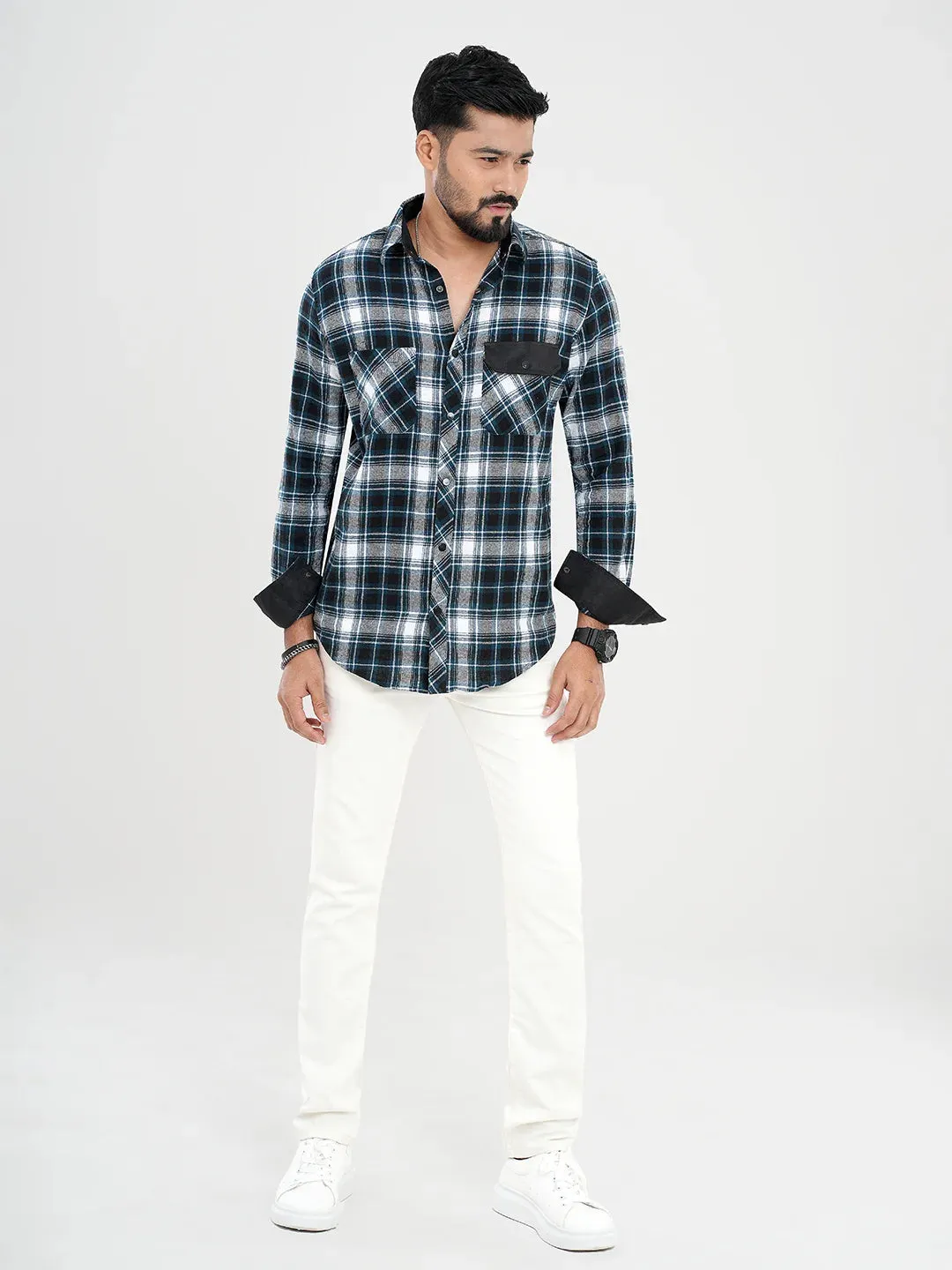 Men's Casual Full Sleeve Flannel Shirt in Decorative Leather Design