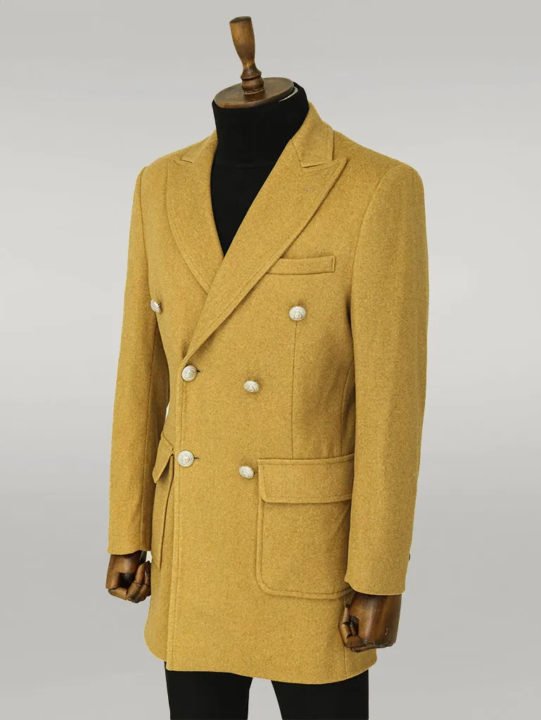 Metal Buttons Wool Cashmere Tan Men Double Breasted Coat - Wessi