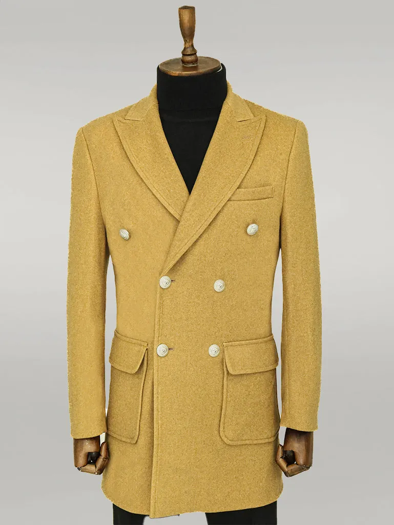 Metal Buttons Wool Cashmere Tan Men Double Breasted Coat - Wessi
