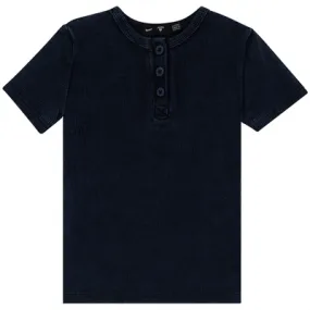 Peek A boo Soft Rib Denim Wash Henley Shirt - Dark Denim
