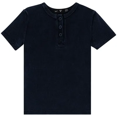 Peek A boo Soft Rib Denim Wash Henley Shirt - Dark Denim