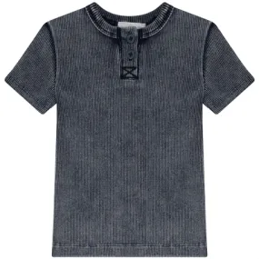 Peek A boo Soft Rib Denim Wash Henley Shirt - Light Denim