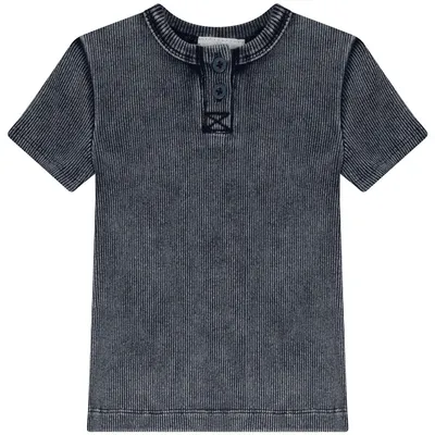 Peek A boo Soft Rib Denim Wash Henley Shirt - Light Denim