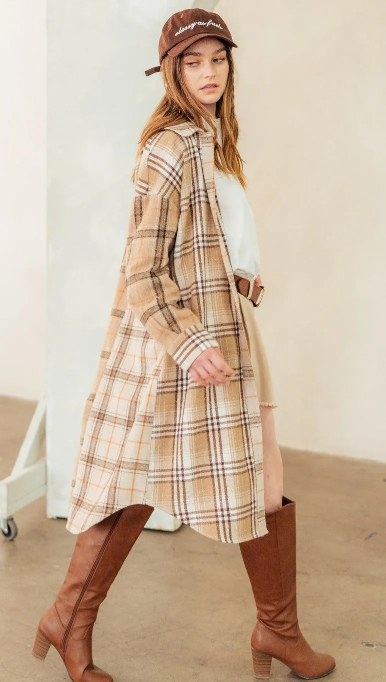 Plaid Mixed Patchwork Midi Shacket Jacket Coat