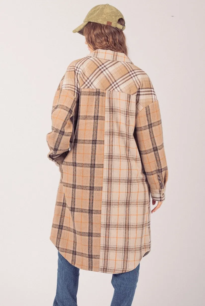 Plaid Mixed Patchwork Midi Shacket Jacket Coat