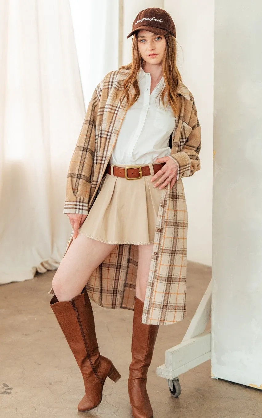 Plaid Mixed Patchwork Midi Shacket Jacket Coat