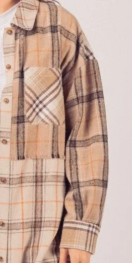 Plaid Mixed Patchwork Midi Shacket Jacket Coat