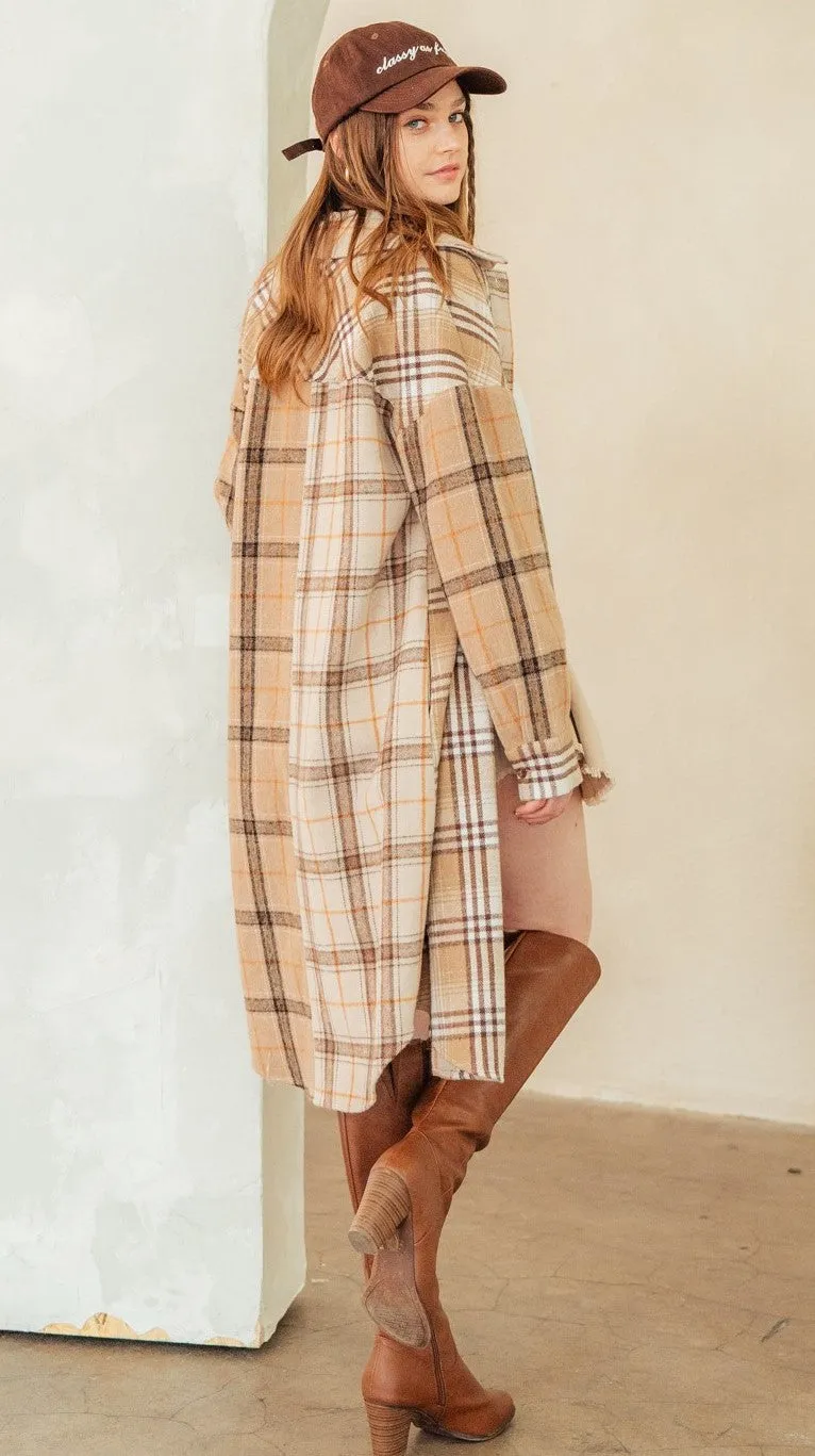 Plaid Mixed Patchwork Midi Shacket Jacket Coat