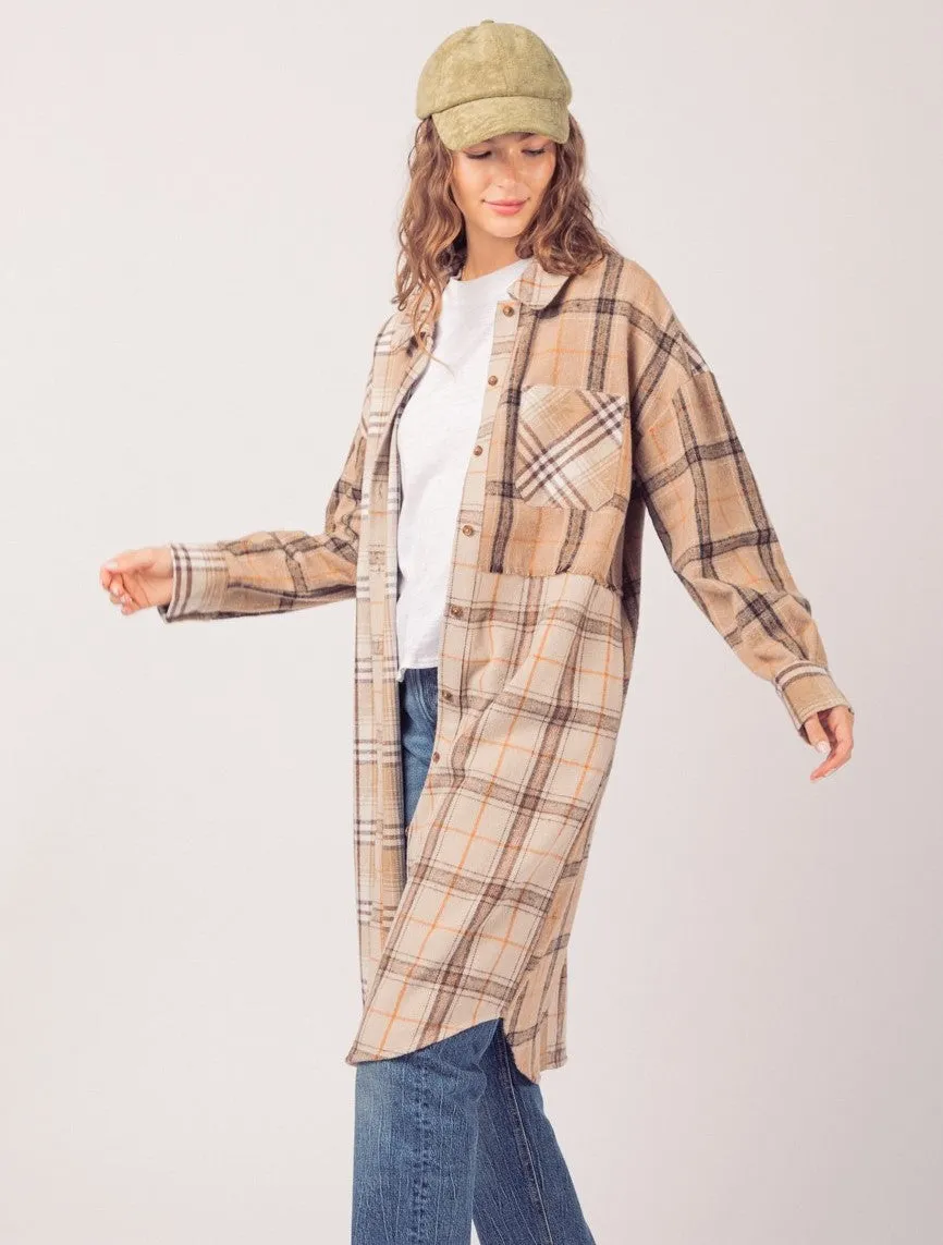 Plaid Mixed Patchwork Midi Shacket Jacket Coat