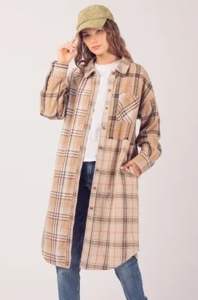 Plaid Mixed Patchwork Midi Shacket Jacket Coat