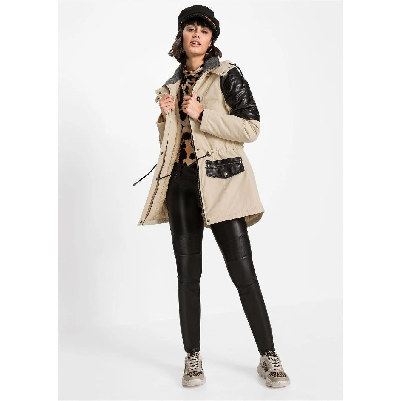 Rainbow Hooded Parka with Faux Leather Details Beige UK 12