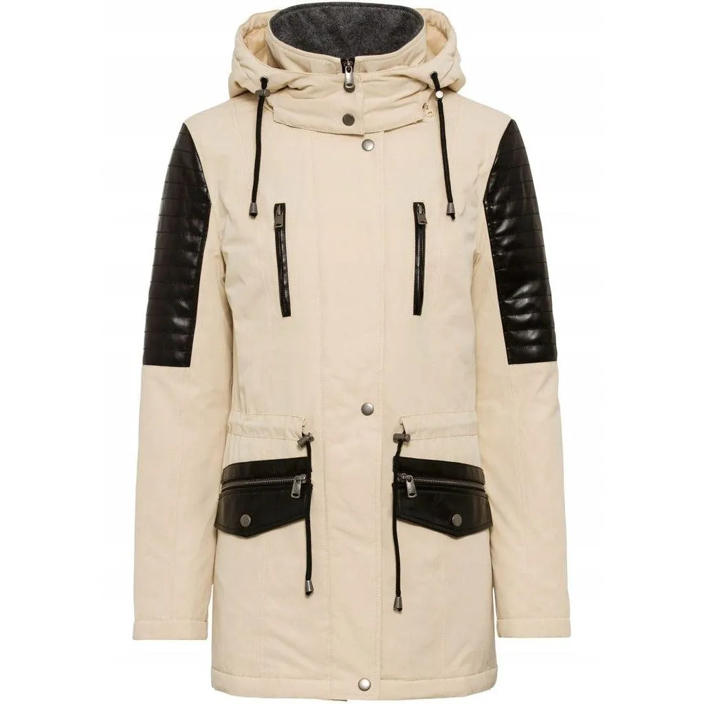 Rainbow Hooded Parka with Faux Leather Details Beige UK 12
