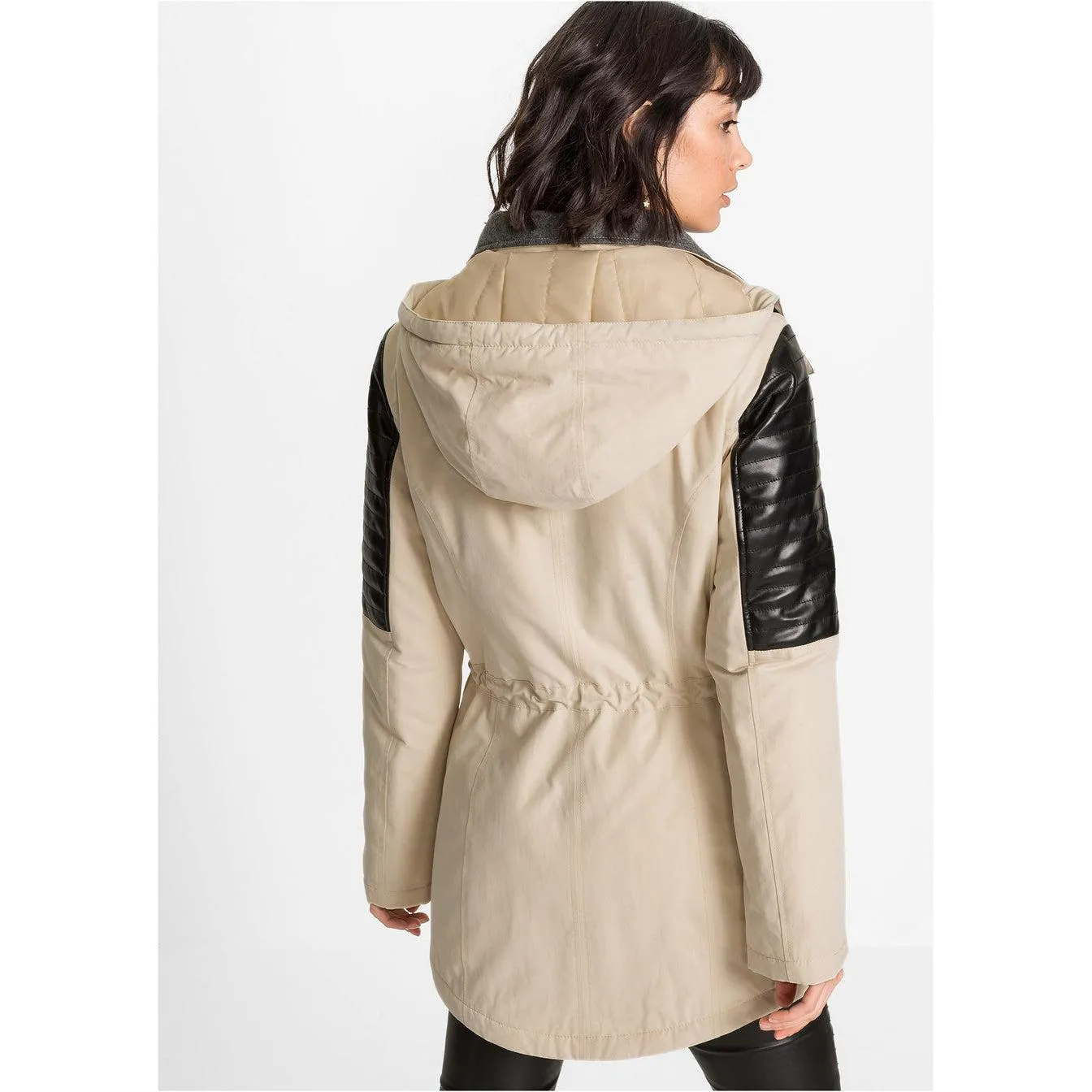 Rainbow Hooded Parka with Faux Leather Details Beige UK 12