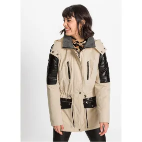 Rainbow Hooded Parka with Faux Leather Details Beige UK 12