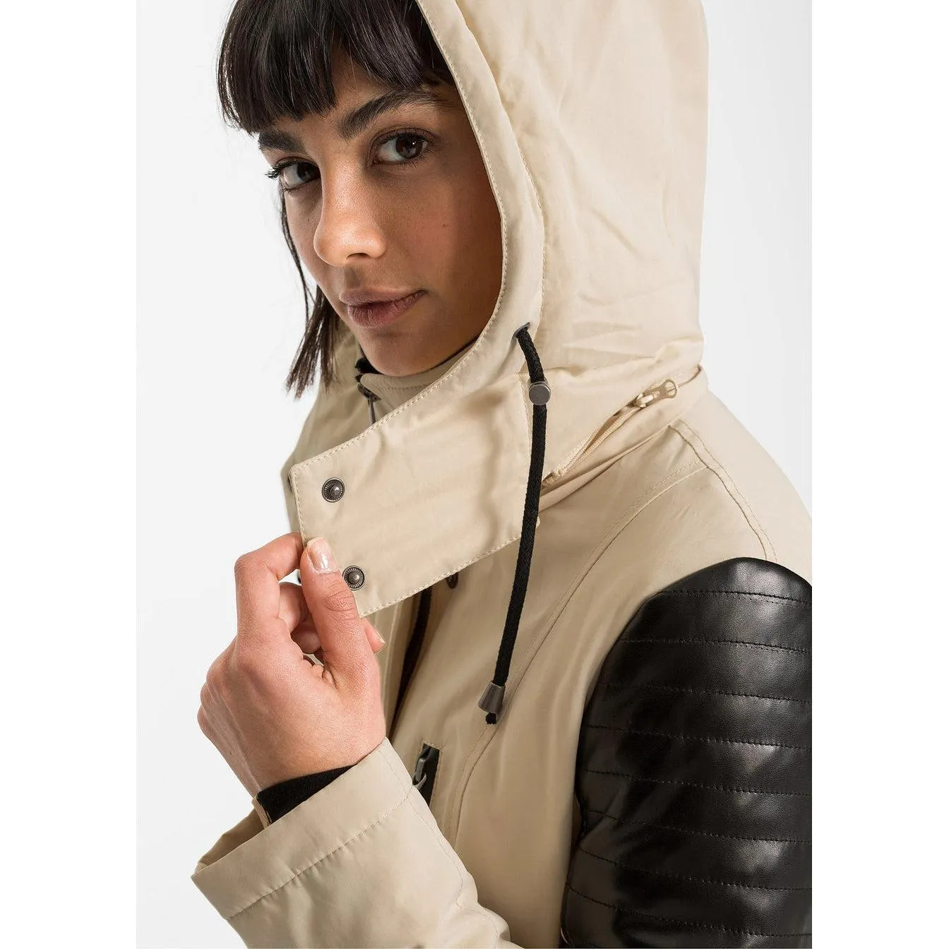 Rainbow Hooded Parka with Faux Leather Details Beige UK 12