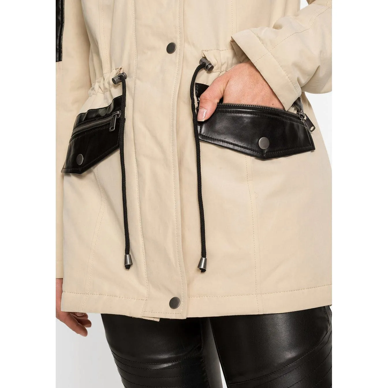 Rainbow Hooded Parka with Faux Leather Details Beige UK 12