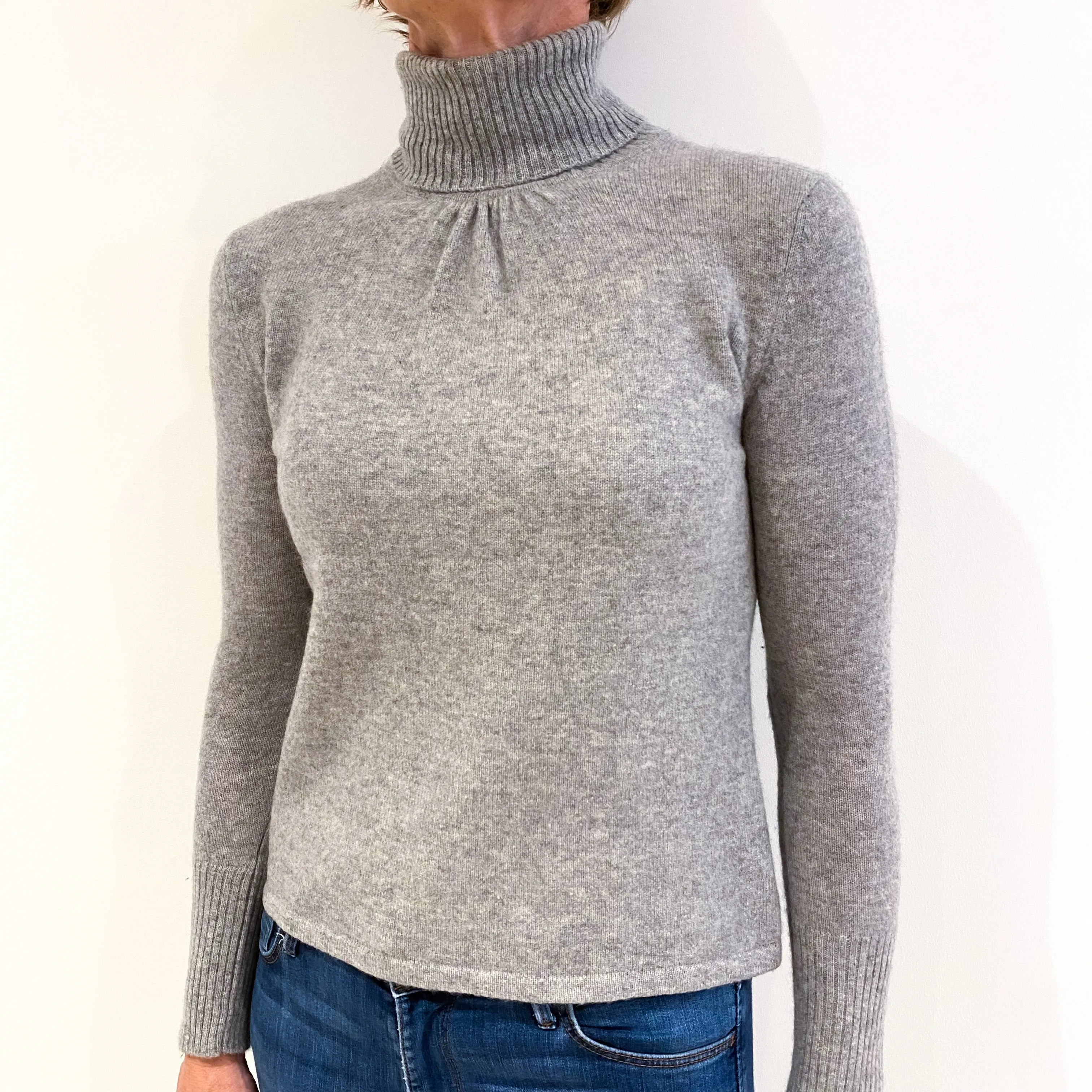 Smoke Grey Cashmere Pleated Polo Neck Jumper Small