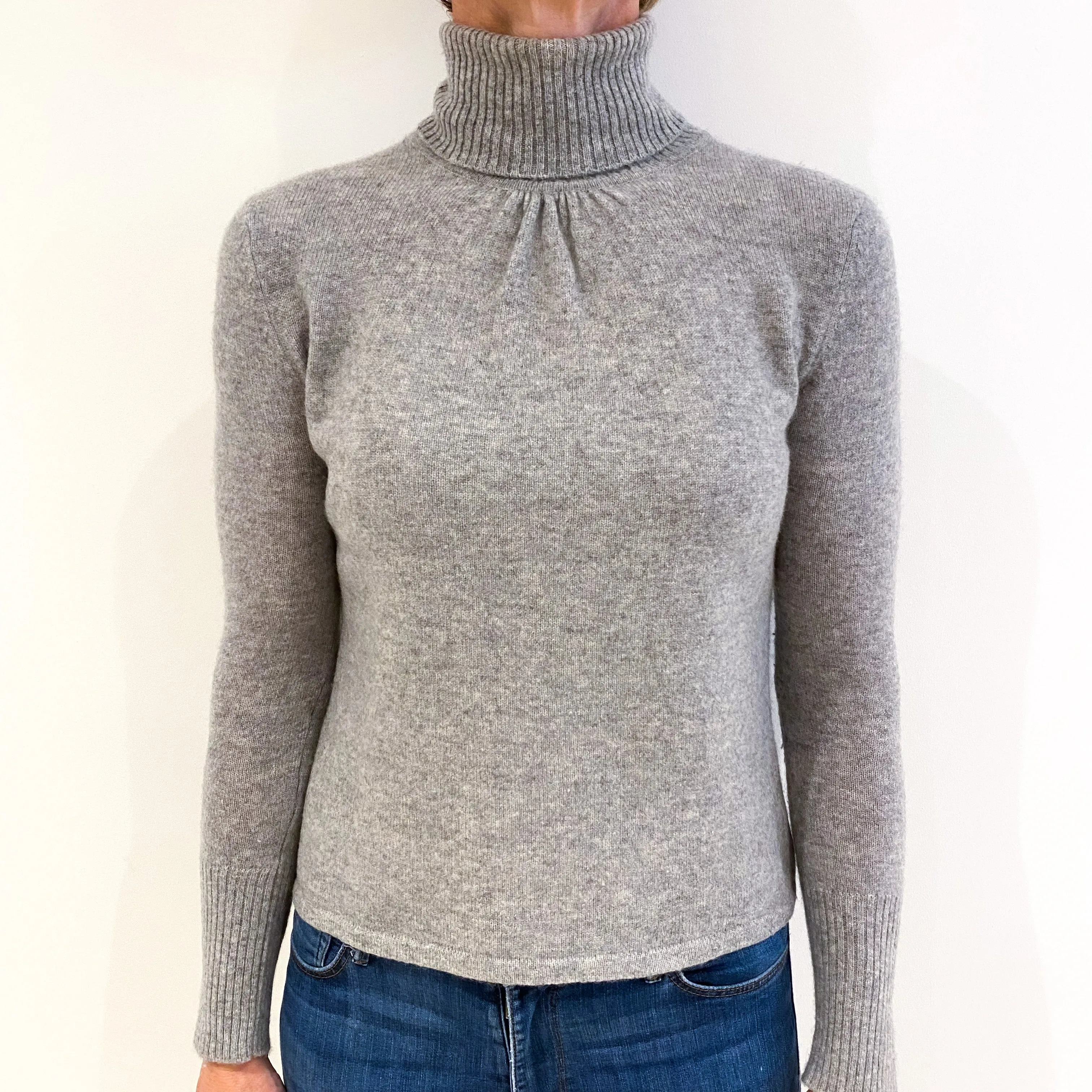 Smoke Grey Cashmere Pleated Polo Neck Jumper Small