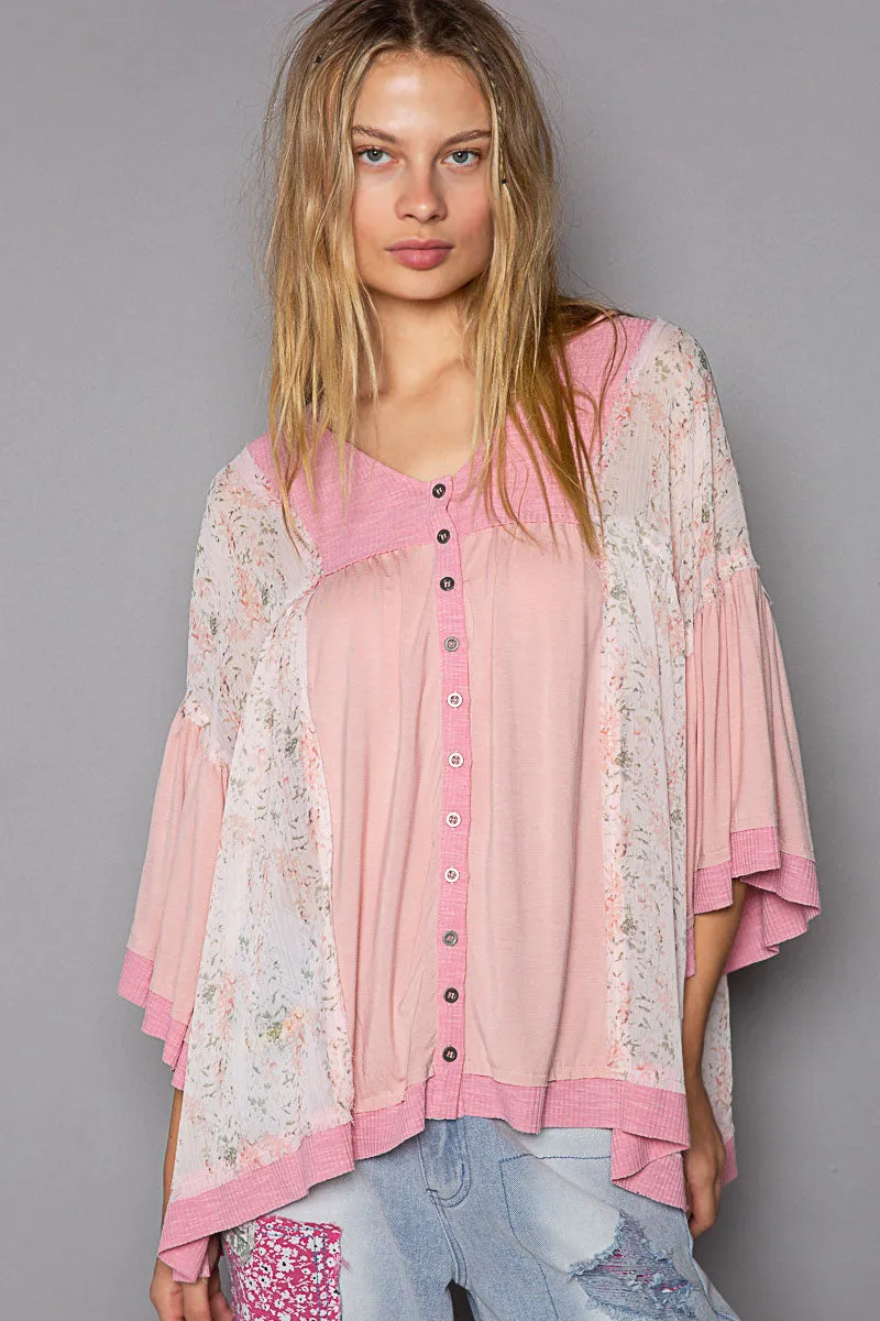 Strawberry Milk Pink Flower Flowy Bell Sleeve Top