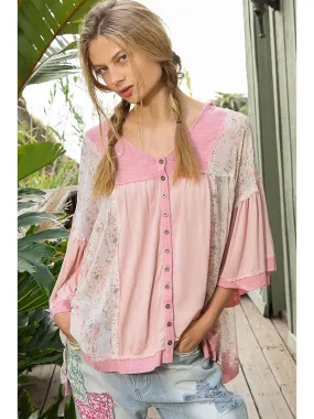 Strawberry Milk Pink Flower Flowy Bell Sleeve Top