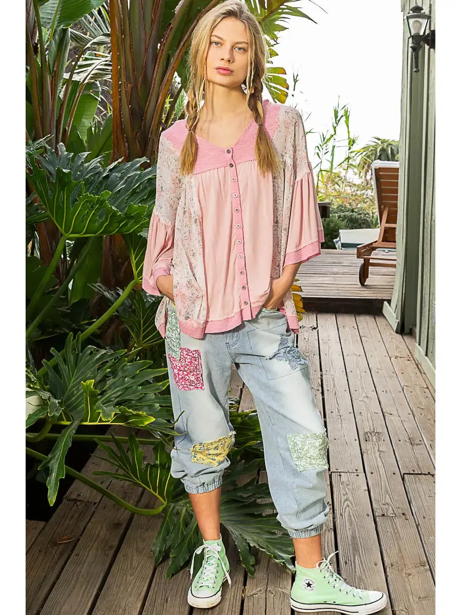 Strawberry Milk Pink Flower Flowy Bell Sleeve Top