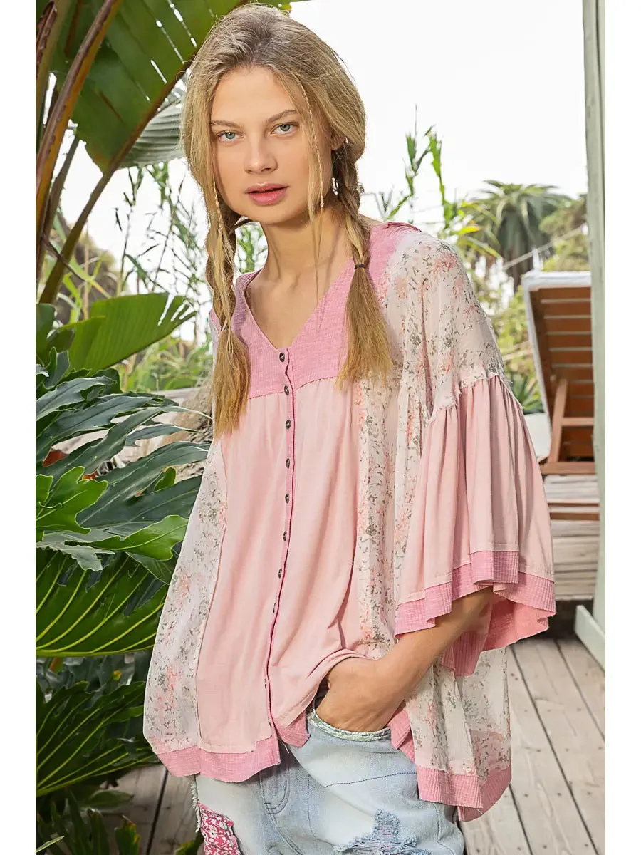 Strawberry Milk Pink Flower Flowy Bell Sleeve Top