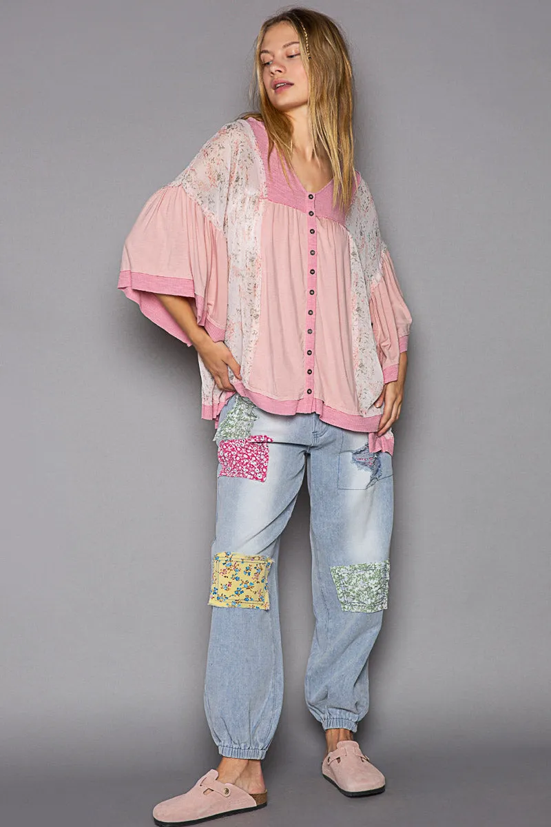 Strawberry Milk Pink Flower Flowy Bell Sleeve Top
