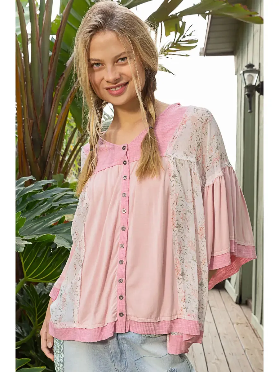 Strawberry Milk Pink Flower Flowy Bell Sleeve Top