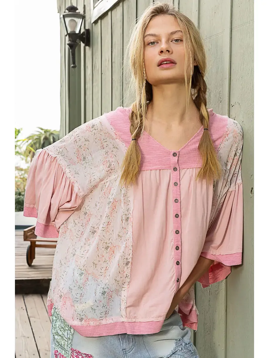Strawberry Milk Pink Flower Flowy Bell Sleeve Top