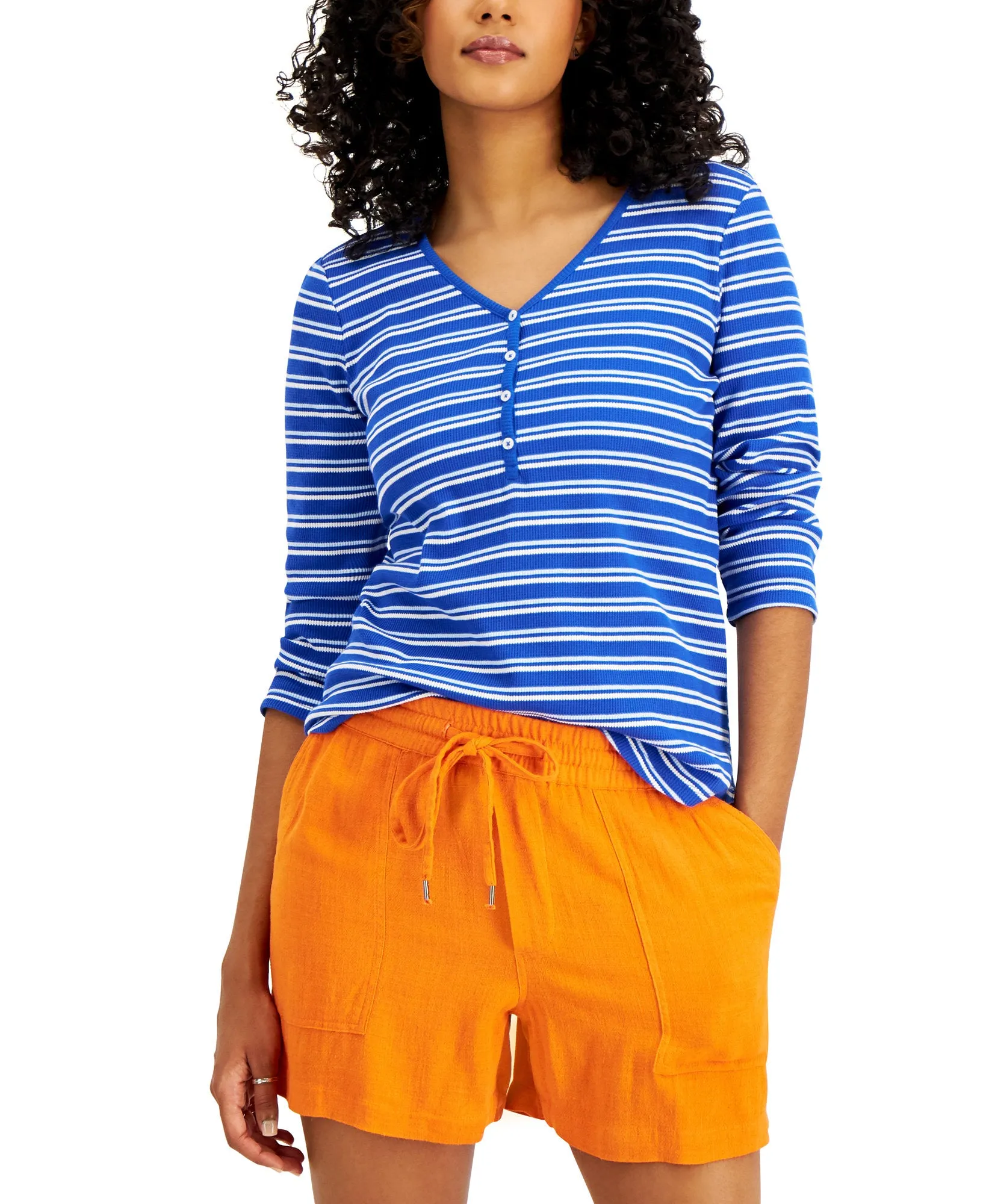 Striped Waffle-Knit Henley T-Shirt