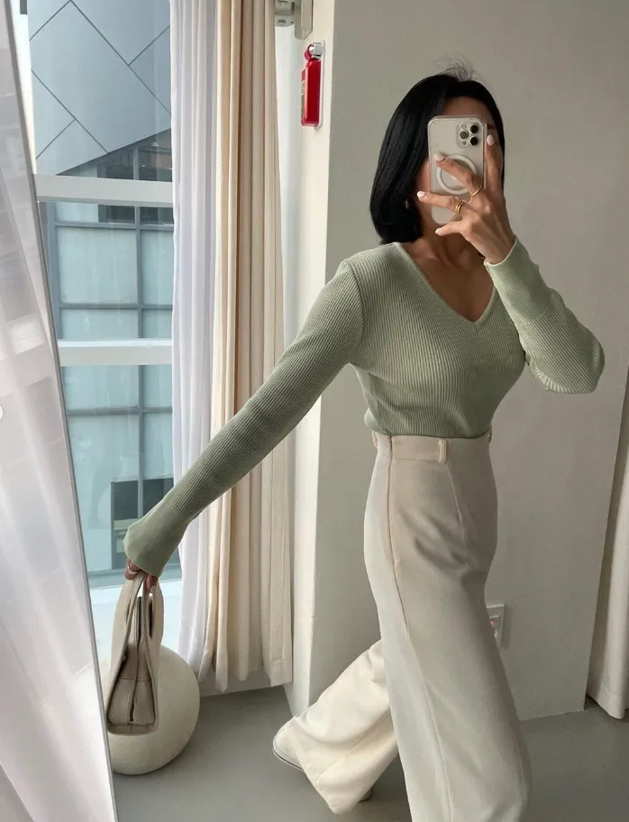 V-Neck Basic Rib Knit Top