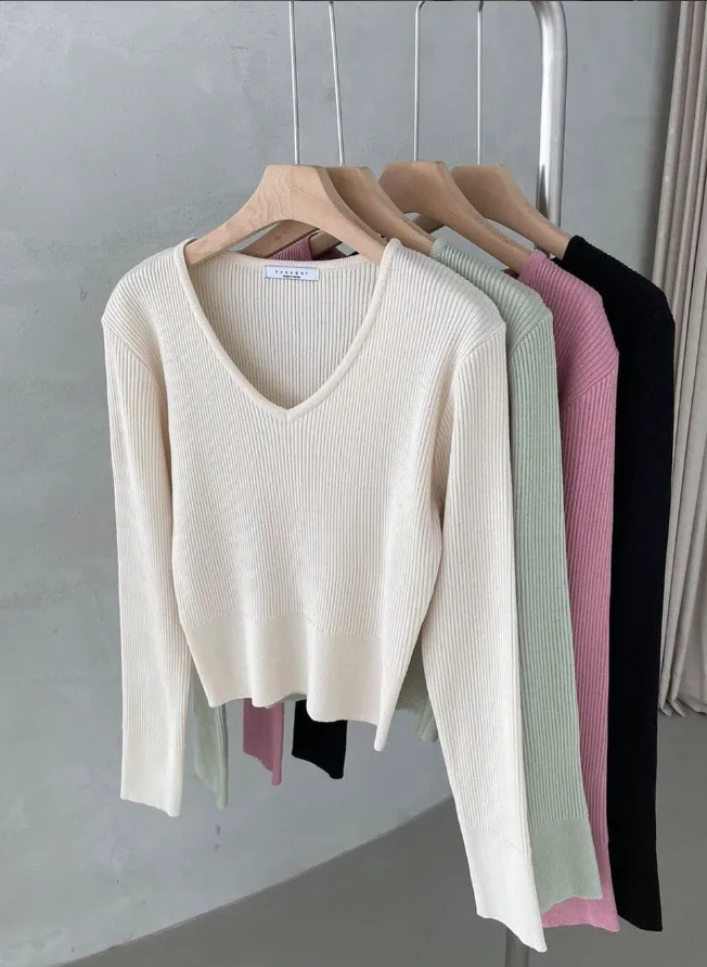 V-Neck Basic Rib Knit Top
