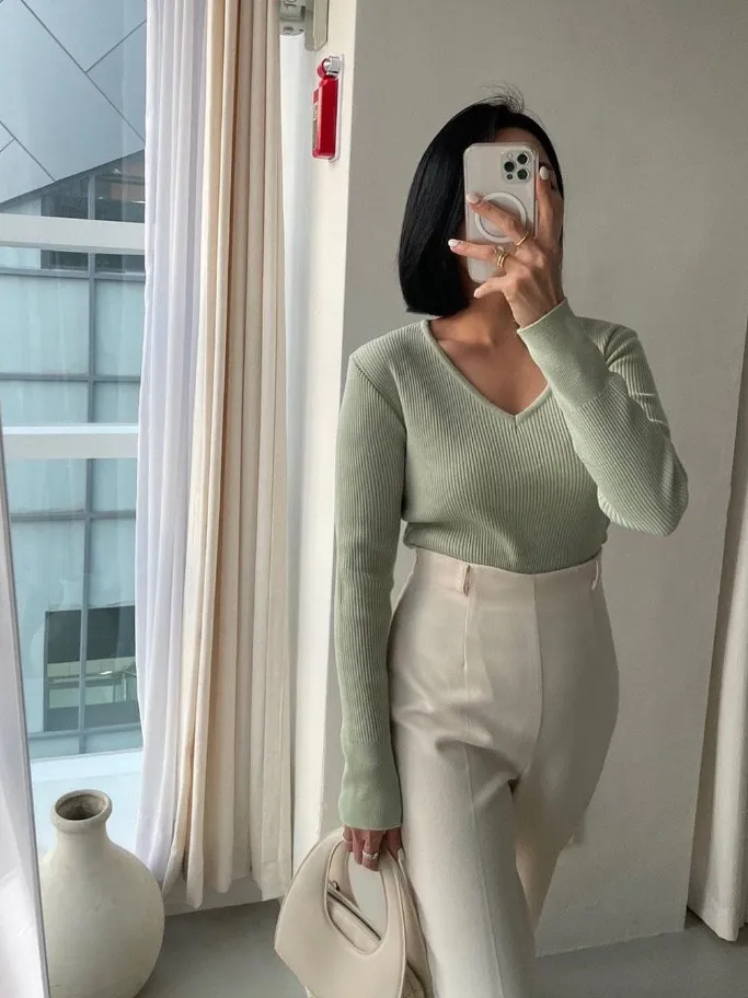 V-Neck Basic Rib Knit Top